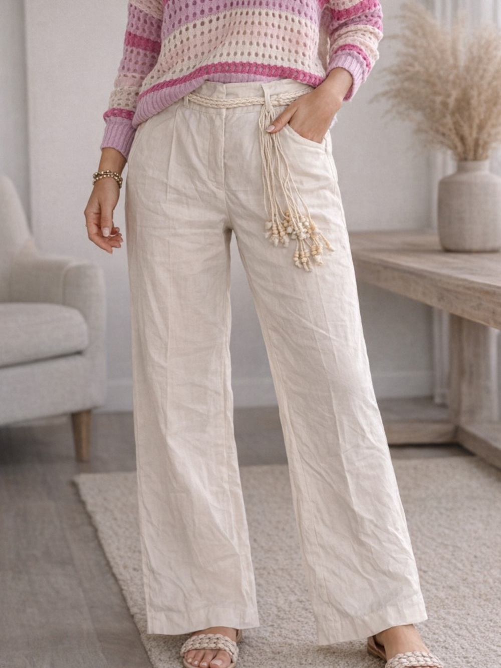 NWT House of Harlow 1960 Women's Cream Wide-Leg Linen Blend Pants XS
